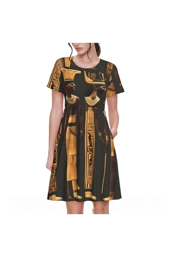 Ancient Egyptian Hieroglyph for Womens Summer 2025 Casual Midi Maxi Dresses Lightweight Short Sleeve Round Neck Beach Dress -Small
