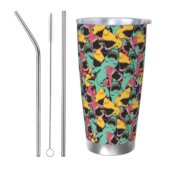 Vsdgher Angry Shark Pattern 20 Oz Stainless Steel Vacuum Insulated, Travel Mug Coffee Cup for Home, Office, Outdoor Works Great for Ice Drinks and Hot Beverage -Straw Three-piece Set