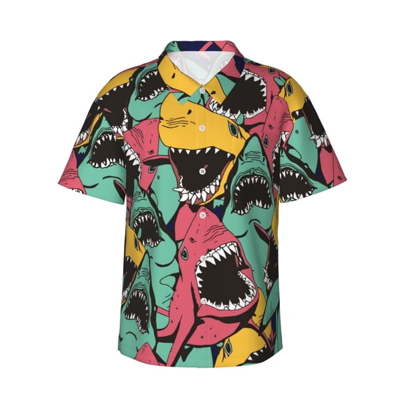 Vsdgher Angry Shark Pattern Print Men's Hawaiian Shirts Button Down Tropical Holiday Beach Shirts Vacation Clothes,Small