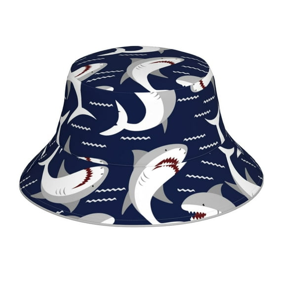 Vsdgher Angry Shark Print Bucket Hat for Men&Women Bucket Hat Reversible Summer Double-Side-Wear Travel Gardening, Beach, Camping, Hiking, Fishing Cap