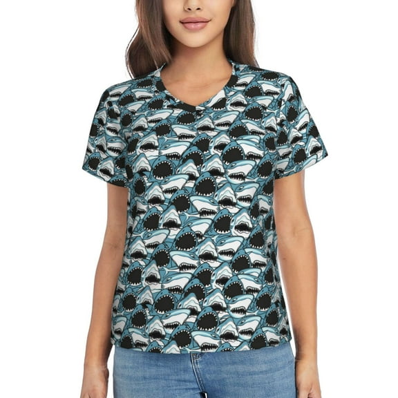 Vsdgher Angry Shark Women Shirts V Neck Short Sleeve Tops T-Shirt Basic Tees, S to 3XLMedium