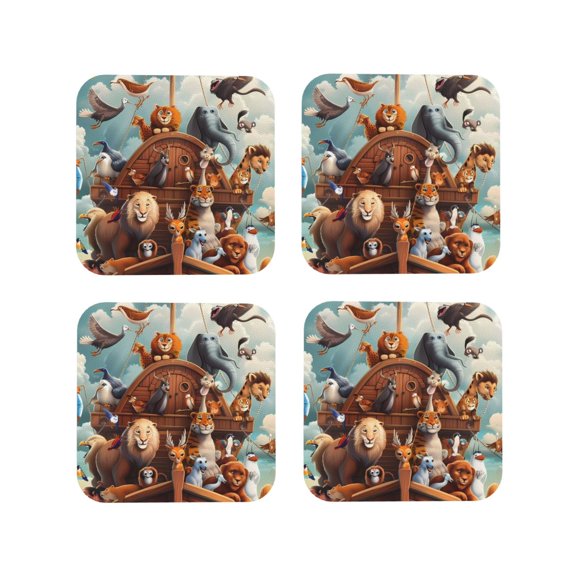 Vsdgher Animal Filled Noahs Ark Leather Coasters for Drinks, Durable Drink Coasters 4 Set for Tabletop Protection, Luxurious Home Décor and Housewarming Gift-Square