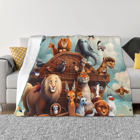 Vsdgher Animal Filled Noahs Ark Pattern Fleece Throw Blanket, Horizontal Fleece Bedding Home Decor for Couch & Bed All Season Use -80"x60"