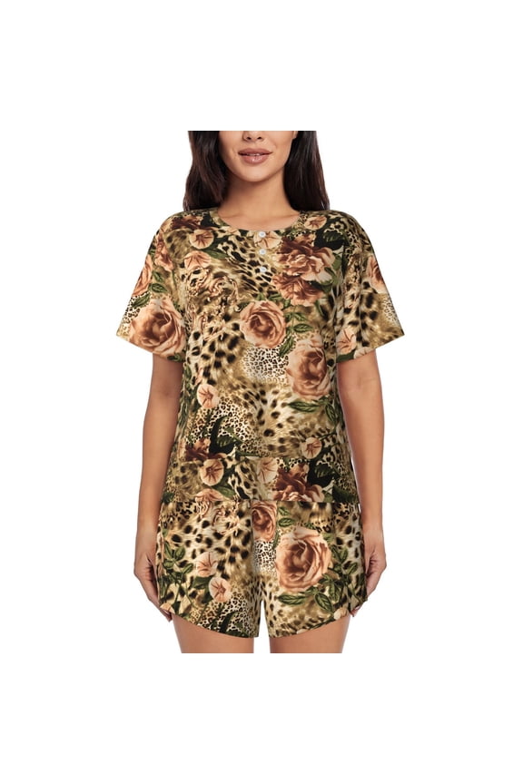 Animal Leopard Pattern Womens Pajamas 2 Piece Short Sleeve Sleepwear Set,Summer Soft Pajamas Set Casual Lounge Sets, 2-Piece Pj -Large