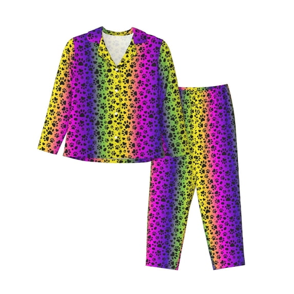 Vsdgher Animal Paw Rainbow Pajamas Set Long Sleeve Sleepwear Womens Button Down Nightwear Pj Sets-Small