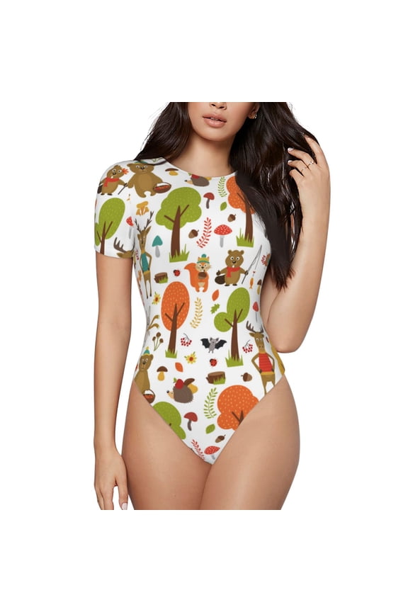 Animals Forest Prinr Short Sleeve Body suit for Womens, Sexy Onesie One Piece Round Neck Bodysuit Shapewear Tummy Control-Medium
