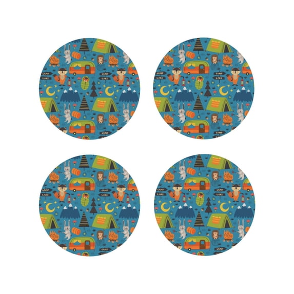 Vsdgher Animals In Camping Leather Coasters for Drinks, Durable Drink Coasters 4 Set for Tabletop Protection, Luxurious Home Décor and Housewarming Gift ( {designName})Round Shape
