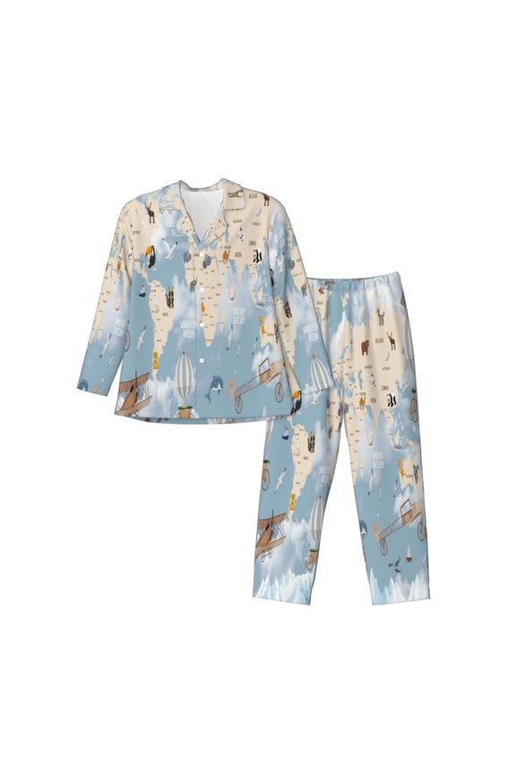 Animals Travel World Map Mens Pajama Set, Soft Warm Long Sleeve Sleepwear, Cozy Button-Down Pjs for Men-Medium