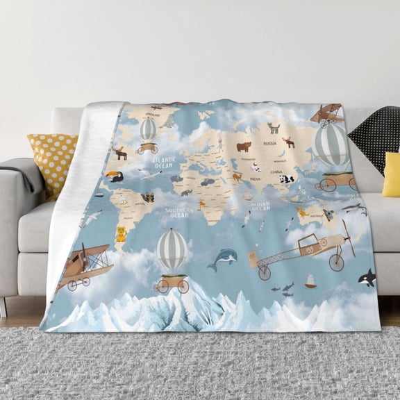 Vsdgher Animals Travel World Map Pattern Fleece Throw Blanket, Horizontal Fleece Bedding Home Decor for Couch & Bed All Season Use -80"x60"