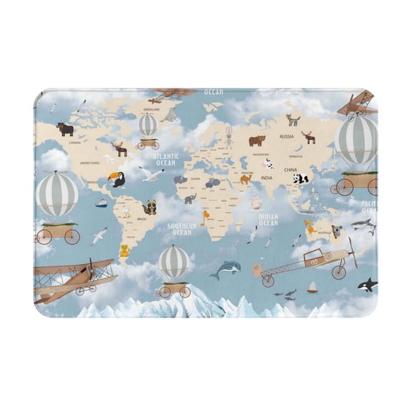 Vsdgher Animals Travel World Map print Flannel Anti-Slip Floor Mat Comfort Mat Floor Carpet for Decor, Non-Slip, Home, Office, Laundry, Durable