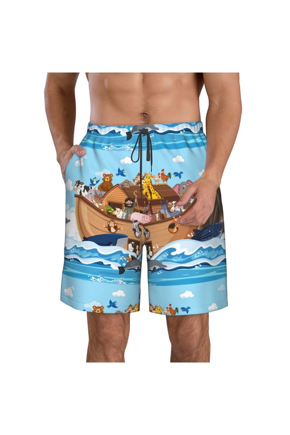 Animals on Noah's Ark Floating Men's Beach Shorts, Surfing shorts, Swim trunks, Quick Dry Swim Trunks for Surfing Beach Fun -Medium