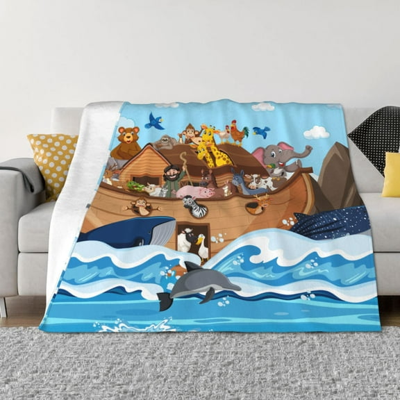 Vsdgher Animals on Noah's Ark Floating Pattern Fleece Throw Blanket, Horizontal Fleece Bedding Home Decor for Couch & Bed All Season Use -50"x40"
