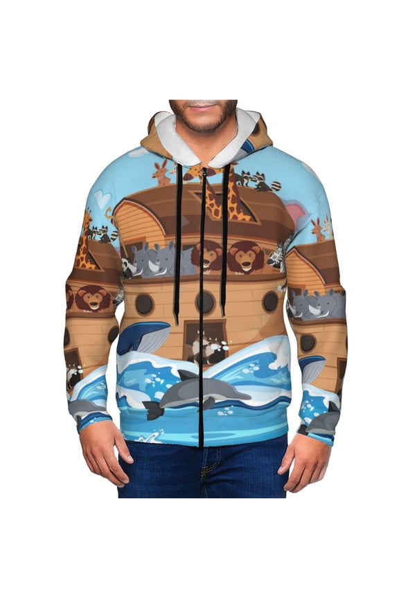 Animals on Noah's Ark Mens Hoodies Zip Hoodie, Hoodies for Men, Zip-up Hooded Sweatshirt-3X-Large