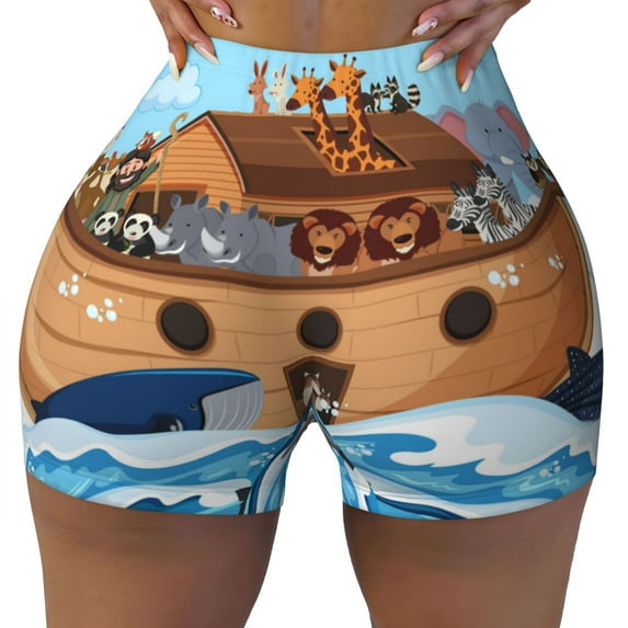 Vsdgher Animals on Noah's Ark print Workout Shorts for Women Seamless Soft Smooth Gym Yoga Scrunch Active Exercise Fitness Shorts
