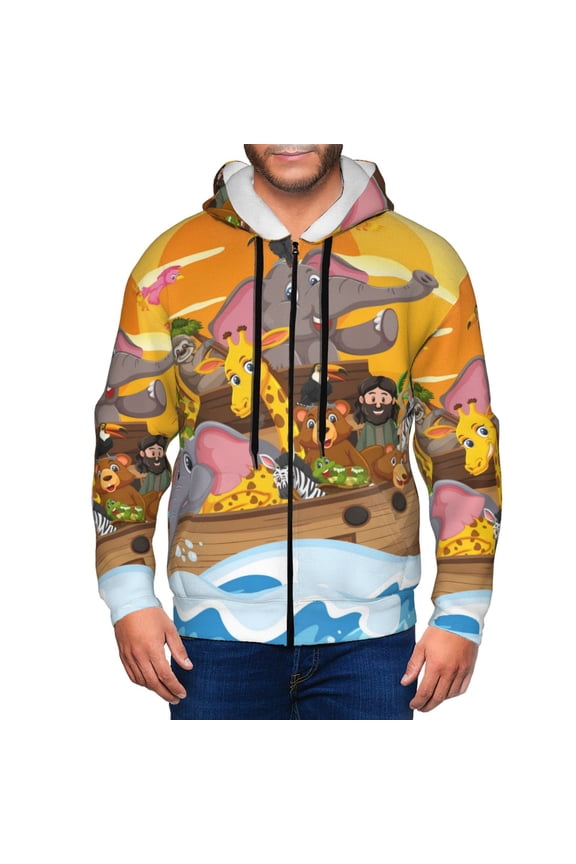 Animals on Noah's Ark1 Mens Hoodies Zip Hoodie, Hoodies for Men, Zip-up Hooded Sweatshirt-Large