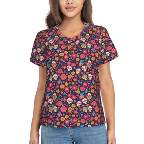Vsdgher Apricot color Skull flower Women Shirts V Neck Short Sleeve Tops T-Shirt Basic Tees, S to 3XL3X-Large