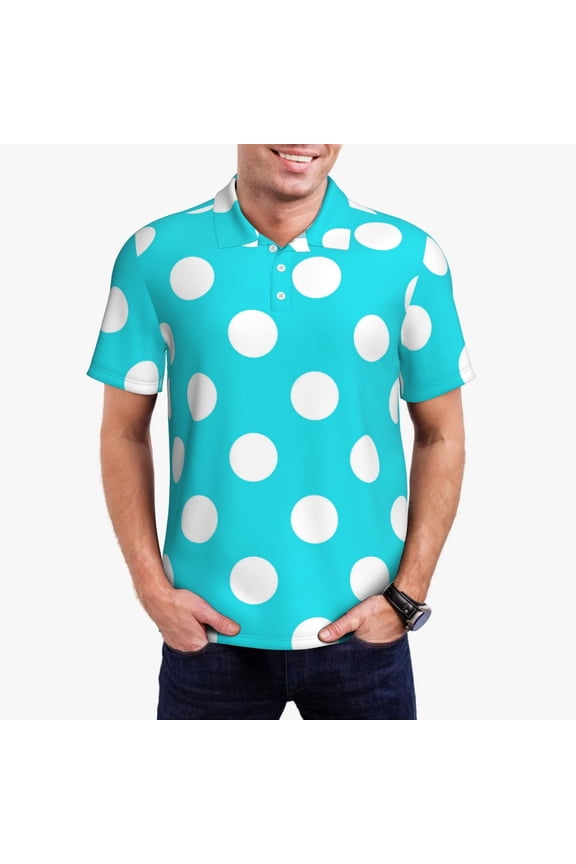 Aqua And White Polka Dot Polo Shirts for Men, Men's Short Sleeve Stretch Polo Shirt, Shirts for Men-Large