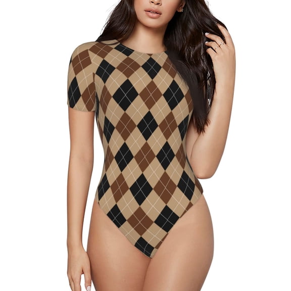 Vsdgher Argyle of brown Prinr Short Sleeve Body suit for Womens, Sexy Onesie One Piece Round Neck Bodysuit Shapewear Tummy Control-Medium