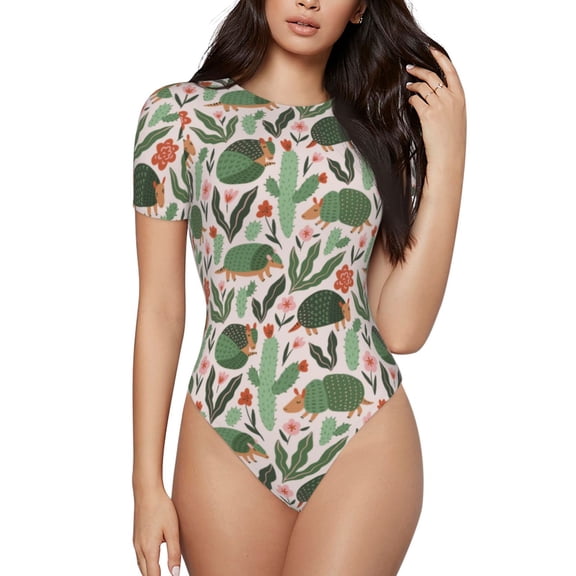 Vsdgher Armadillo Prinr Short Sleeve Body suit for Womens, Sexy Onesie One Piece Round Neck Bodysuit Shapewear Tummy Control-Large