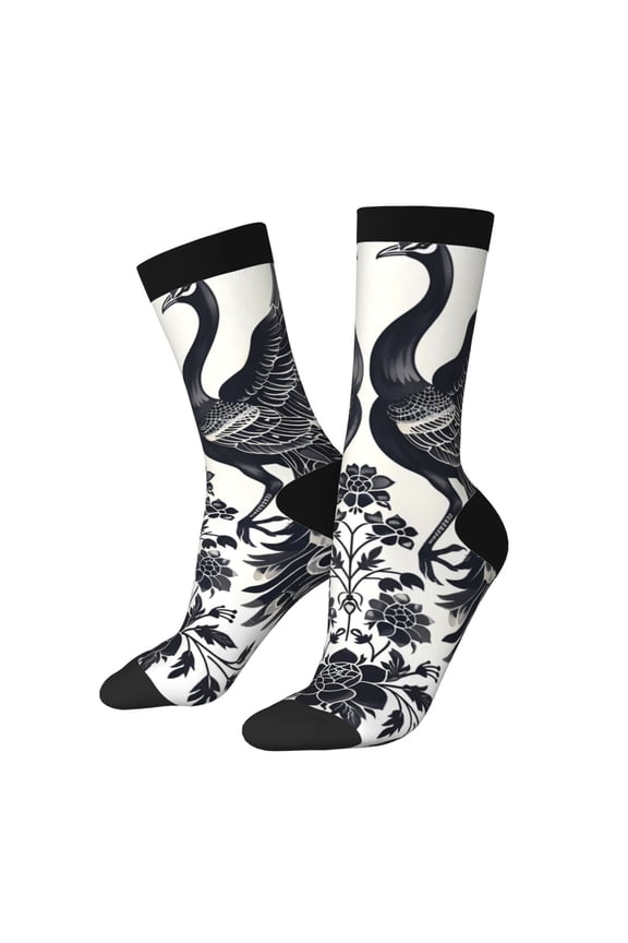 Artistic Black White Peacocks Crew Socks for Men & Women, Breathable Casual Athletic Ankle Socks
