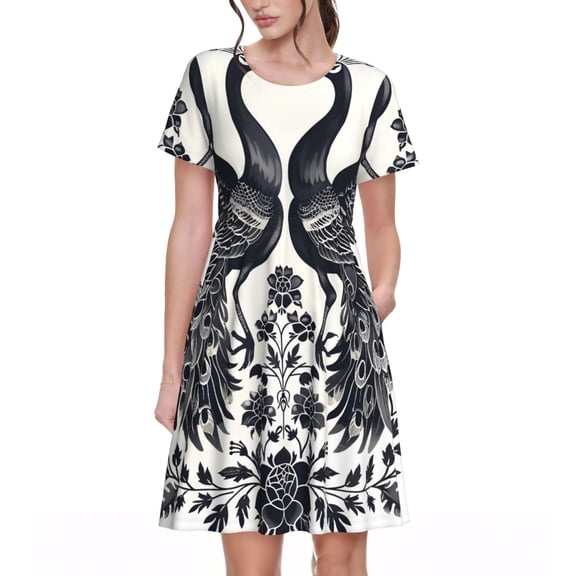 Vsdgher Artistic Black White Peacocks for Womens Summer 2025 Casual Midi Maxi Dresses Lightweight Short Sleeve Round Neck Beach Dress -3X-Large