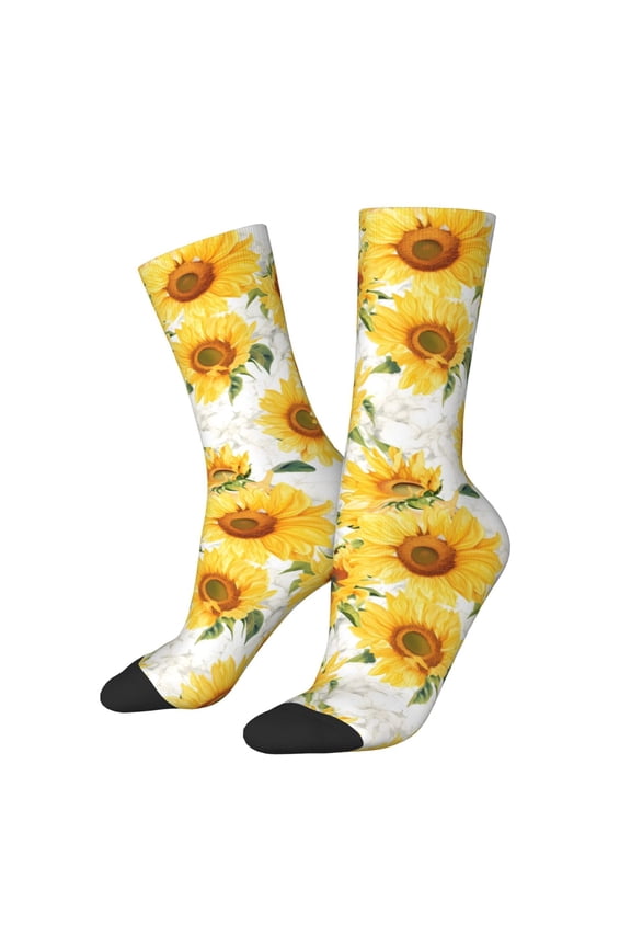 Artistic Marble Pattern Sunflower Crew Socks for Men & Women, Breathable Casual Athletic Ankle Socks