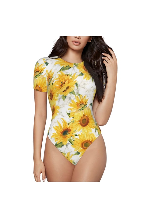Artistic Marble Pattern Sunflower Prinr Short Sleeve Body suit for Womens, Sexy Onesie One Piece Round Neck Bodysuit Shapewear Tummy Control-Medium