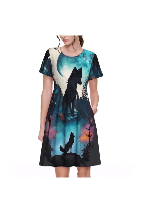 Artistic Moon Valley Wolf for Womens Summer 2025 Casual Midi Maxi Dresses Lightweight Short Sleeve Round Neck Beach Dress -Medium