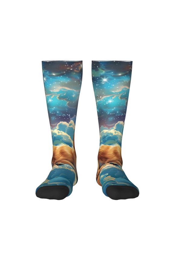 Artistic Starry Sky Cloud Dog Print Thigh High Socks Extra Long Stretchy Sock Women Over Knee High Opaque Stocking Daily Wear
