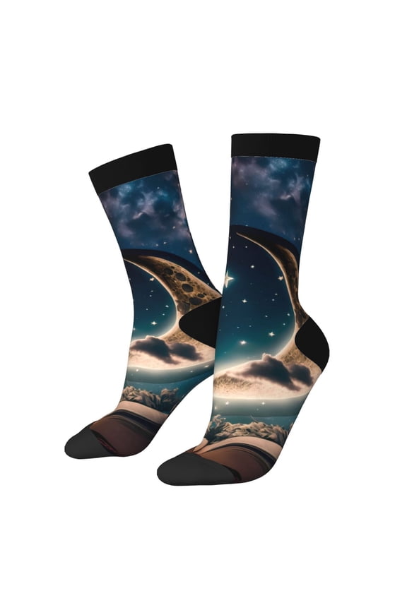 Artistic Starry Sky Moon Book Crew Socks for Men & Women, Breathable Casual Athletic Ankle Socks