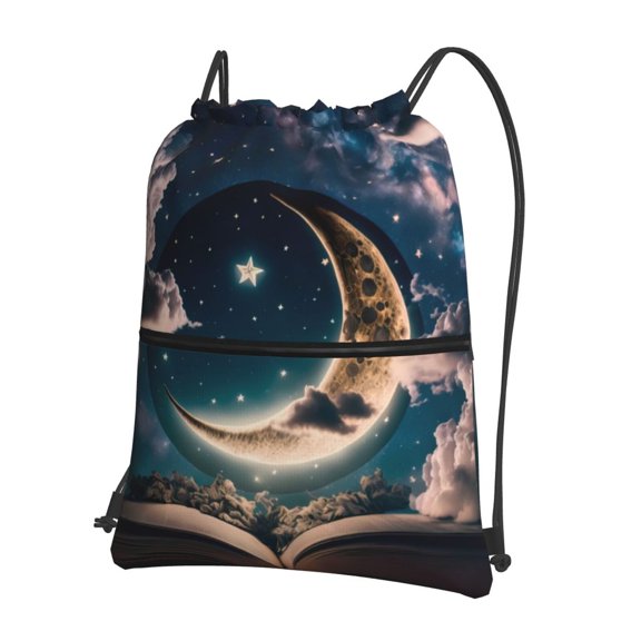 Vsdgher Artistic Starry Sky Moon Book Drawstring Backpack Water Resistant String Bag Sports Sackpack Gym Sack for Men Women