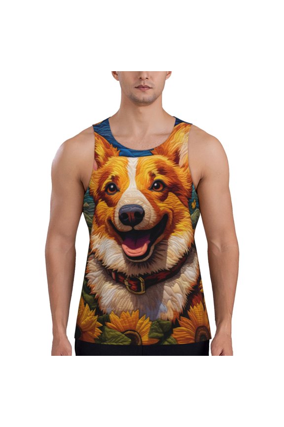 Artistic Sunflower Corgi Men's Workout Tank Tops Sleeveless Gym Shirt Quick Dry Fitness Bodybuilding Sleeveless T Shirt-Large