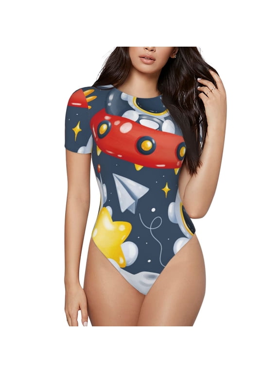 Astronaut And Space Prinr Short Sleeve Body suit for Womens, Sexy Onesie One Piece Round Neck Bodysuit Shapewear Tummy Control-Small