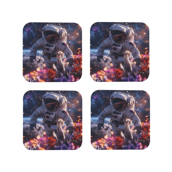 Vsdgher Astronaut In Cosmic Garden Leather Coasters for Drinks, Durable Drink Coasters 4 Set for Tabletop Protection, Luxurious Home Décor and Housewarming Gift-Square