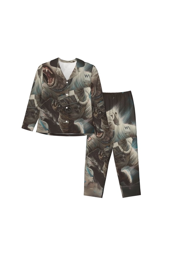 Astronaut Polar Bear Roar Pajamas Set Long Sleeve Sleepwear Womens Button Down Nightwear Pj Sets-XX-Large