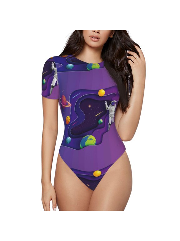 Astronaut Prinr Short Sleeve Body suit for Womens, Sexy Onesie One Piece Round Neck Bodysuit Shapewear Tummy Control-Medium