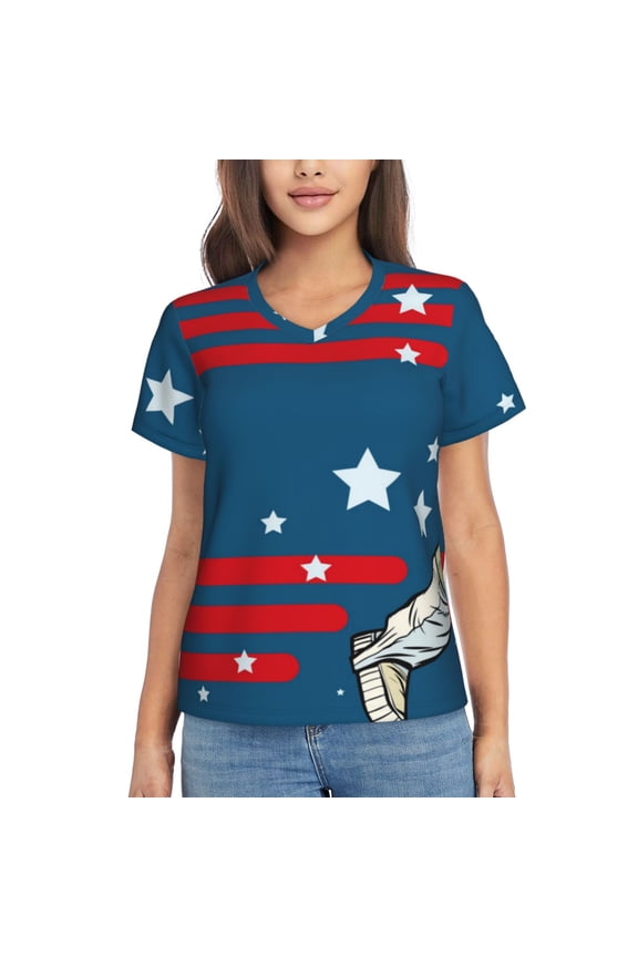 Astronaut Runs Forward Women Shirts V Neck Short Sleeve Tops T-Shirt Basic Tees, S to 3XLMedium
