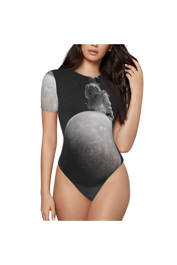 Astronaut Sitting On Mercury Planet Prinr Short Sleeve Body suit for Womens, Sexy Onesie One Piece Round Neck Bodysuit Shapewear Tummy Control-XX-Large
