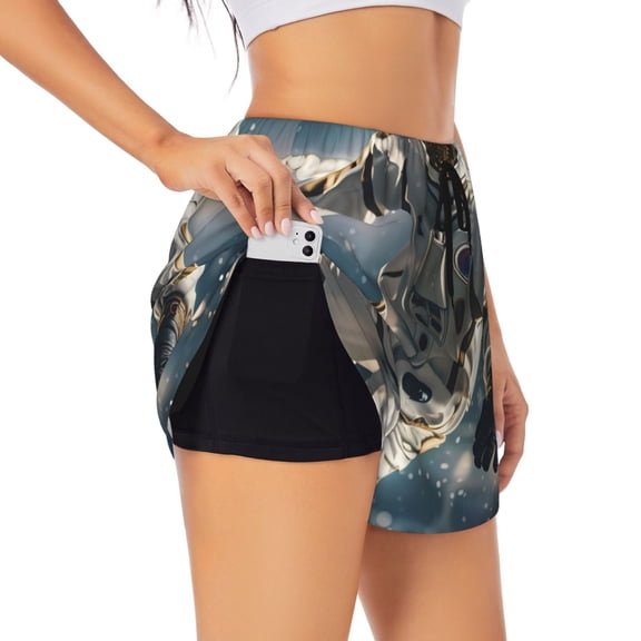 Vsdgher Astronaut Soccer Field Athletic Shorts for Women, Women's Running Double Layer Shorts, High Waisted Yoga Shorts, Workout Athletic Shorts-Small