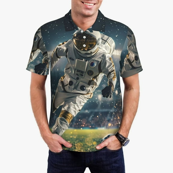 Vsdgher Astronaut Soccer Field Polo Shirts for Men, Men's Short Sleeve Stretch Polo Shirt, Shirts for Men-Large