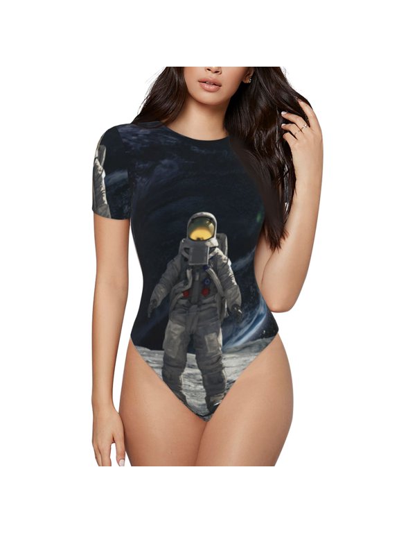 Astronaut Standing In The Moon Prinr Short Sleeve Body suit for Womens, Sexy Onesie One Piece Round Neck Bodysuit Shapewear Tummy Control-XX-Large