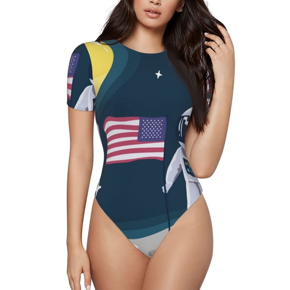 Vsdgher Astronaut With USA Flag Prinr Short Sleeve Body suit for Womens, Sexy Onesie One Piece Round Neck Bodysuit Shapewear Tummy Control-XX-Large