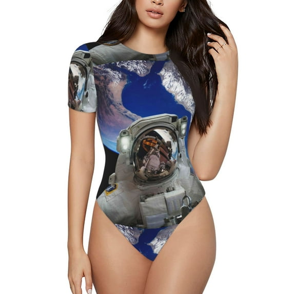 Vsdgher Astronaut in Outer Space Prinr Short Sleeve Body suit for Womens, Sexy Onesie One Piece Round Neck Bodysuit Shapewear Tummy Control-X-Large