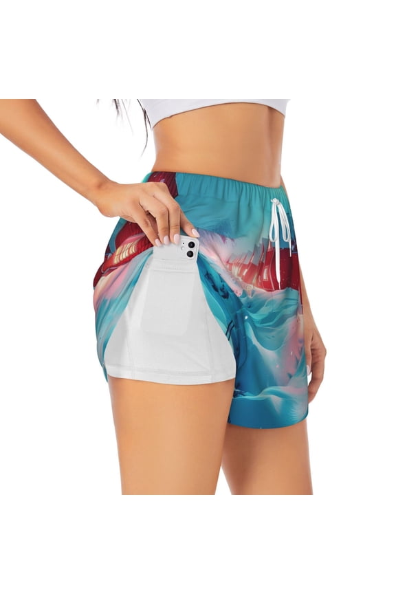 Aurora Borealis Village Athletic Shorts for Women, Women's Running Double Layer Shorts, High Waisted Yoga Shorts, Workout Athletic Shorts-X-Large