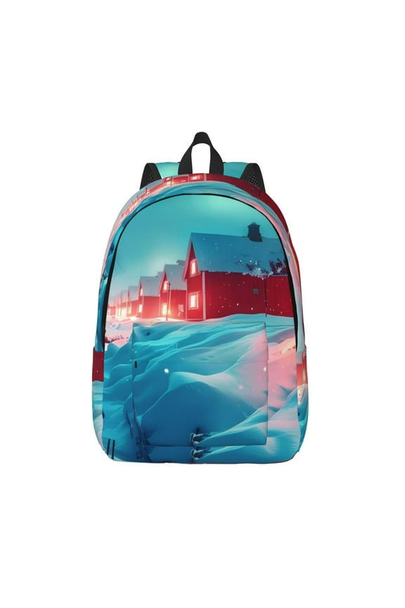 Aurora Borealis Village Print Canvas Backpack Travel Rucksack Unisex Knapsack 15.7/17.7Inch Laptop Backpack for Work,College -Medium