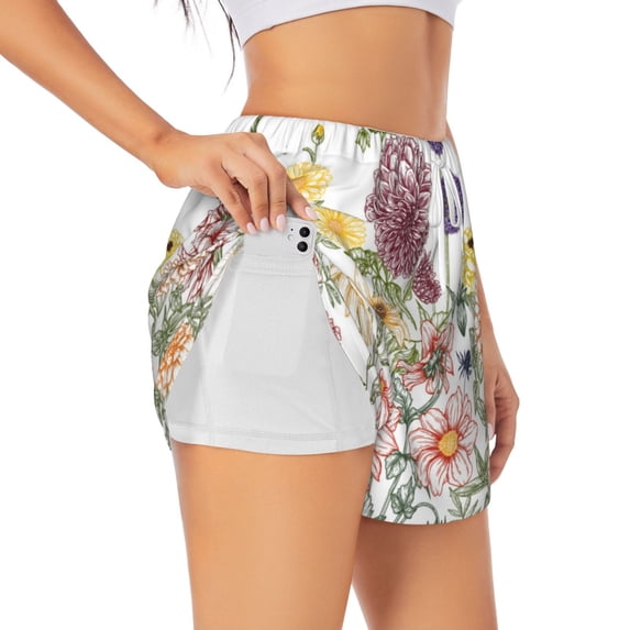 Vsdgher Autumn Garden Print Women's Running Double Layer Shorts High Waisted with Pockets Elastic Yoga Workout Athletic Gym Sports