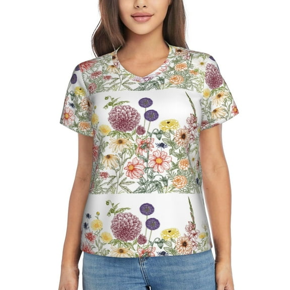 Vsdgher Autumn Garden Women Shirts V Neck Short Sleeve Tops T-Shirt Basic Tees, S to 3XLSmall