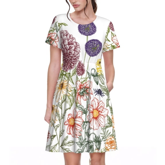 Vsdgher Autumn Garden for Womens Summer 2025 Casual Midi Maxi Dresses Lightweight Short Sleeve Round Neck Beach Dress -3X-Large