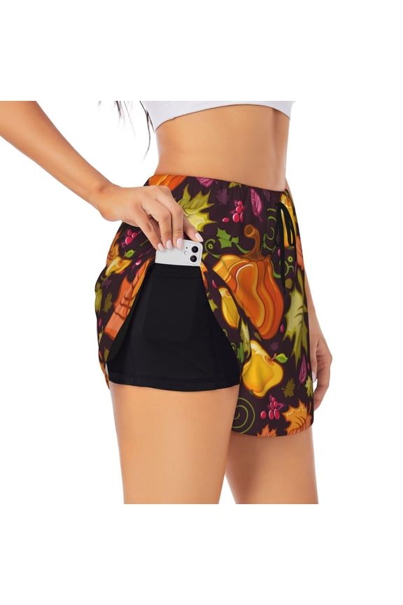 Autumn Harvest Pumpkin Joy Athletic Shorts for Women, Women's Running Double Layer Shorts, High Waisted Yoga Shorts, Workout Athletic Shorts-