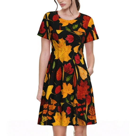 Vsdgher Autumn Maple Leaves A for Womens Summer 2025 Casual Midi Maxi Dresses Lightweight Short Sleeve Round Neck Beach Dress -Small